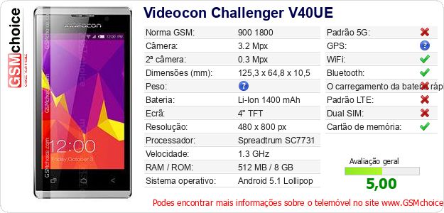 Videocon Challenger V40UE Especificações técnicas do telemóvel Videocon Challenger V40UE Especificações técnicas do telemóvel