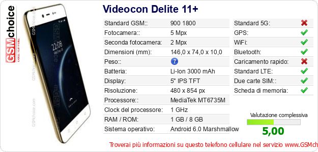 Videocon Delite 11+ Dati tecnici di telefono cellulare 