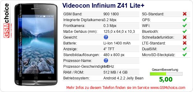 Videocon Infinium Z41 Lite+ technische Daten Videocon Infinium Z41 Lite+ technische Daten