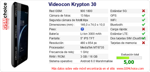 Videocon Krypton 30 Datos técnicos del móvil Videocon Krypton 30 Datos técnicos del móvil