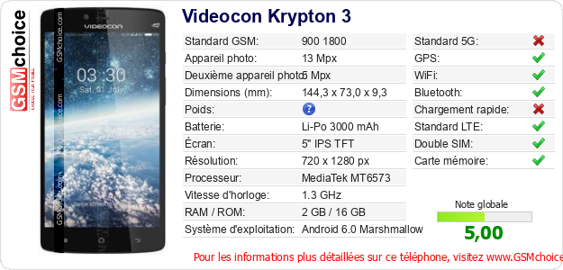Videocon Krypton 3 Fiche technique Videocon Krypton 3 Fiche technique