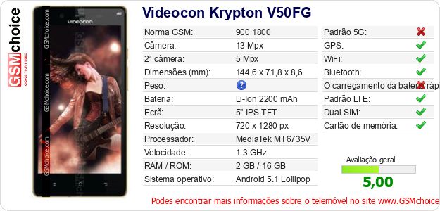 Videocon Krypton V50FG Especificações técnicas do telemóvel 