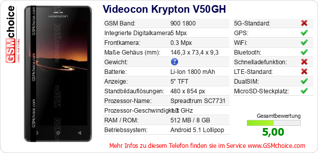 Videocon Krypton V50GH technische Daten Videocon Krypton V50GH technische Daten
