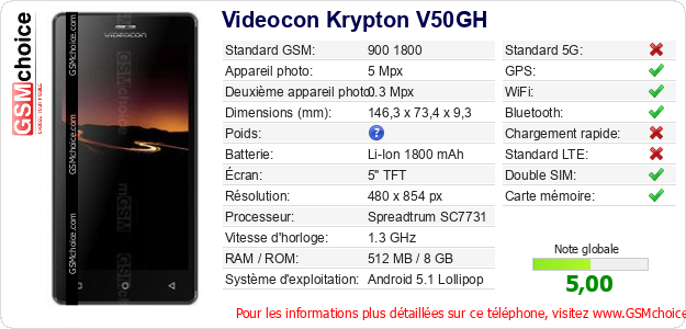 Videocon Krypton V50GH Fiche technique