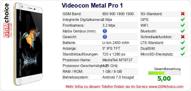 Videocon Metal Pro 1 technische Daten Videocon Metal Pro 1 technische Daten