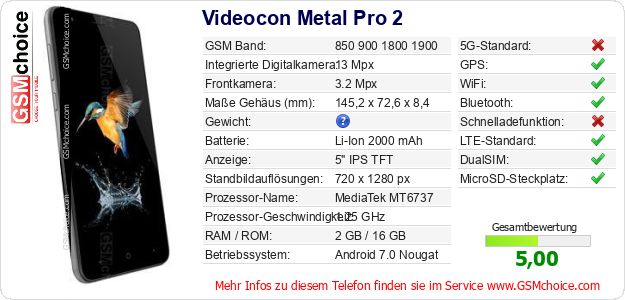 Videocon Metal Pro 2 technische Daten Videocon Metal Pro 2 technische Daten
