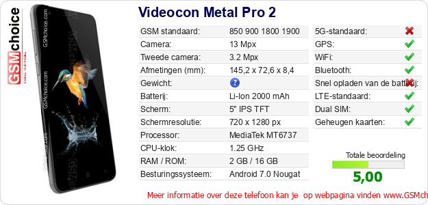 Videocon Metal Pro 2 Technische gegevens 
