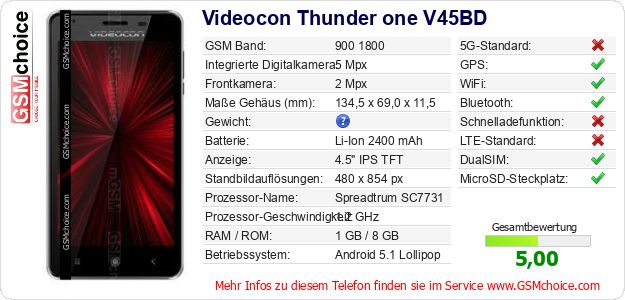 Videocon Thunder one V45BD technische Daten Videocon Thunder one V45BD technische Daten