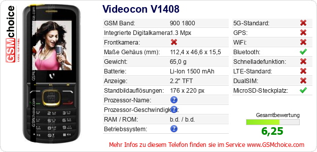 Videocon V1408 technische Daten Videocon V1408 technische Daten