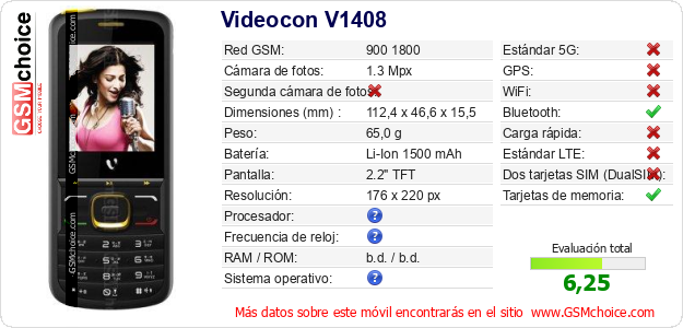 Videocon V1408 Datos técnicos del móvil Videocon V1408 Datos técnicos del móvil
