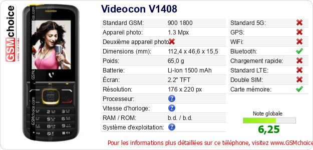 Videocon V1408 Fiche technique