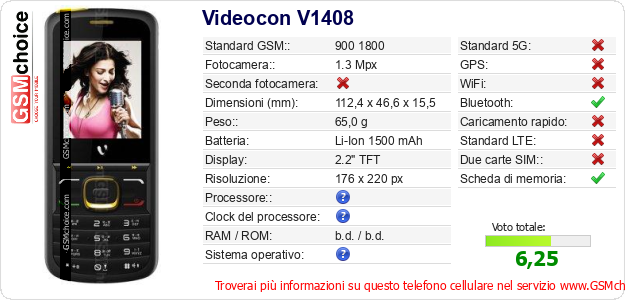 Videocon V1408 Dati tecnici di telefono cellulare Videocon V1408 Dati tecnici di telefono cellulare
