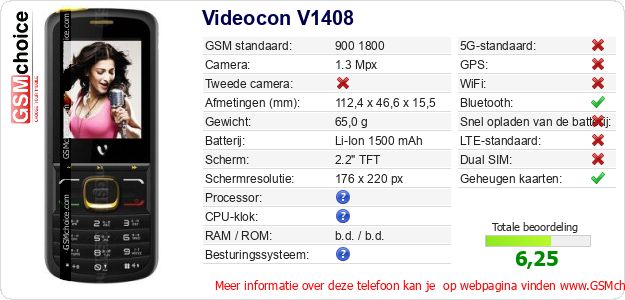 Videocon V1408 Technische gegevens 