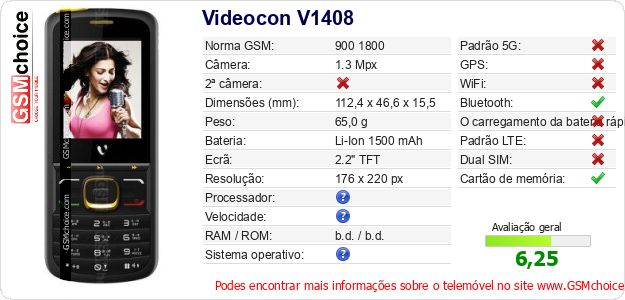 Videocon V1408 Especificações técnicas do telemóvel 