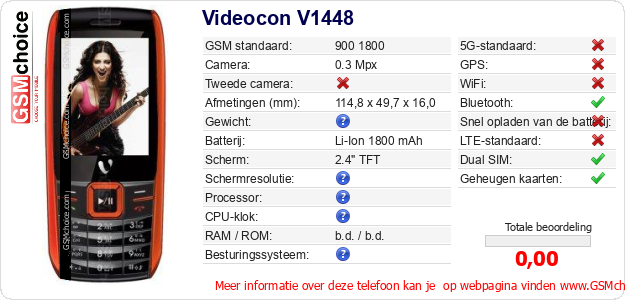 Videocon V1448 Technische gegevens Videocon V1448 Technische gegevens
