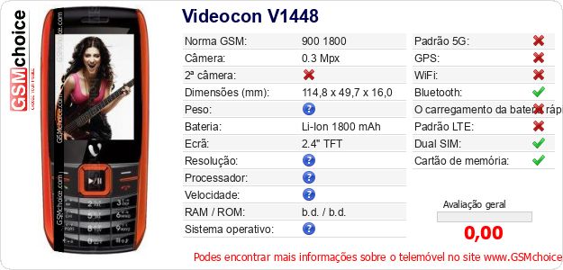 Videocon V1448 Especificações técnicas do telemóvel 