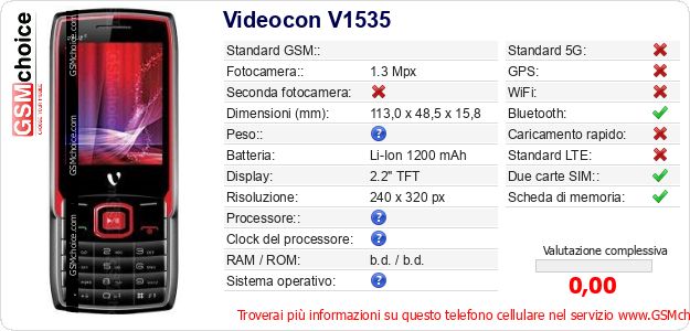 Videocon V1535 Dati tecnici di telefono cellulare Videocon V1535 Dati tecnici di telefono cellulare