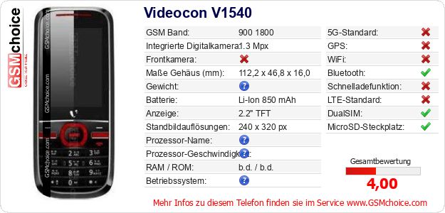 Videocon V1540 technische Daten Videocon V1540 technische Daten