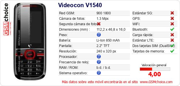 Videocon V1540 Datos técnicos del móvil Videocon V1540 Datos técnicos del móvil
