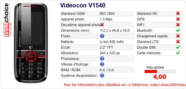 Videocon V1540 Fiche technique