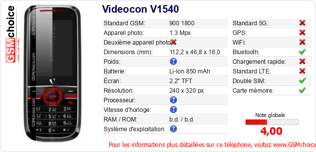 Videocon V1540 Fiche technique