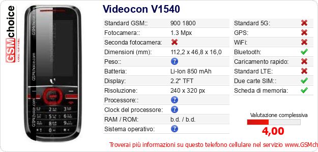 Videocon V1540 Dati tecnici di telefono cellulare 
