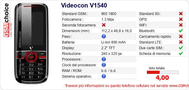 Videocon V1540 Dati tecnici di telefono cellulare Videocon V1540 Dati tecnici di telefono cellulare