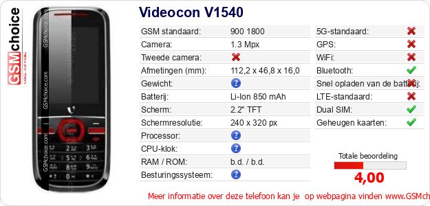 Videocon V1540 Technische gegevens Videocon V1540 Technische gegevens
