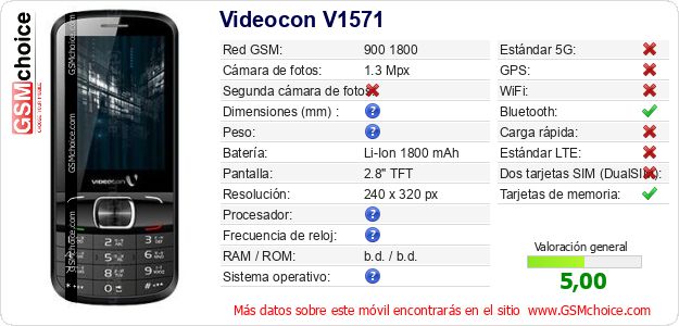 Videocon V1571 Datos técnicos del móvil 
