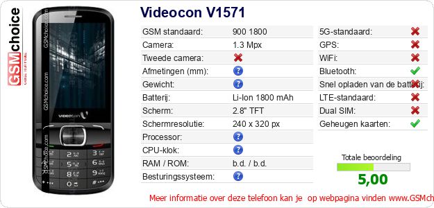 Videocon V1571 Technische gegevens 