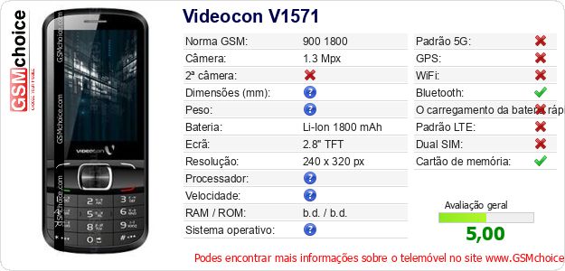 Videocon V1571 Especificações técnicas do telemóvel 