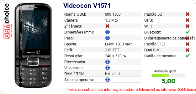 Videocon V1571 Especificações técnicas do telemóvel 