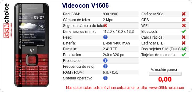 Videocon V1606 Datos técnicos del móvil 