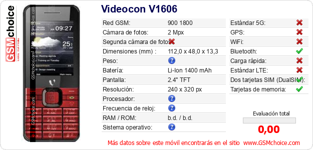 Videocon V1606 Datos técnicos del móvil Videocon V1606 Datos técnicos del móvil