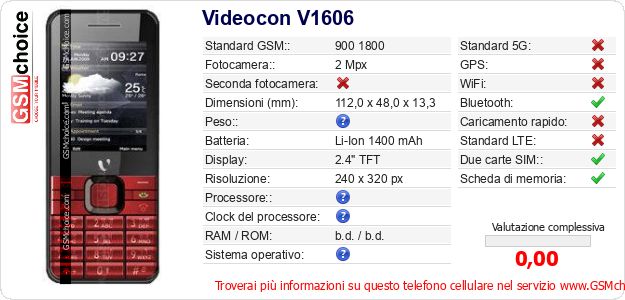 Videocon V1606 Dati tecnici di telefono cellulare 