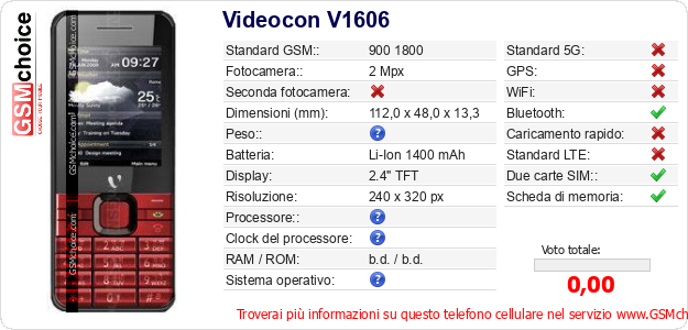 Videocon V1606 Dati tecnici di telefono cellulare Videocon V1606 Dati tecnici di telefono cellulare