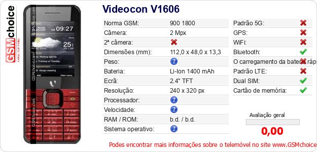 Videocon V1606 Especificações técnicas do telemóvel 