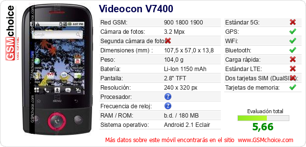 Videocon V7400 Datos técnicos del móvil Videocon V7400 Datos técnicos del móvil