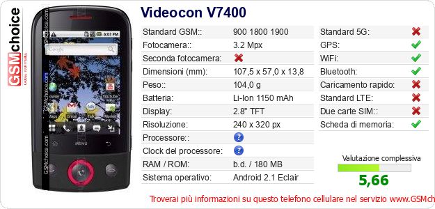 Videocon V7400 Dati tecnici di telefono cellulare Videocon V7400 Dati tecnici di telefono cellulare