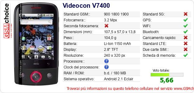 Videocon V7400 Dati tecnici di telefono cellulare Videocon V7400 Dati tecnici di telefono cellulare