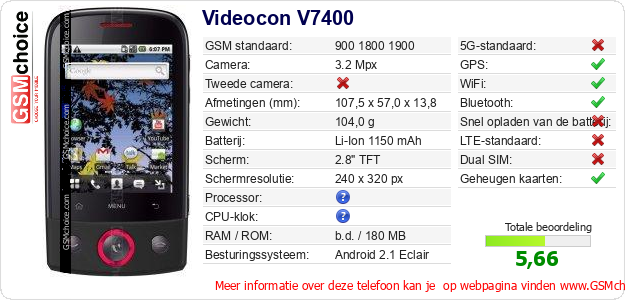 Videocon V7400 Technische gegevens 