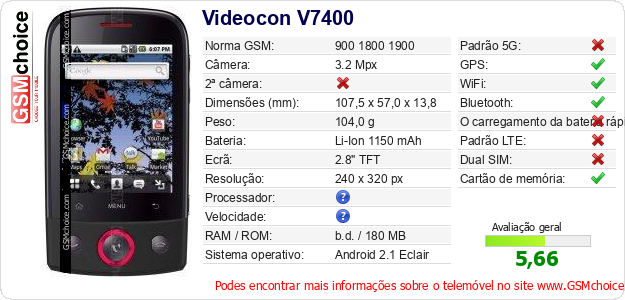 Videocon V7400 Especificações técnicas do telemóvel Videocon V7400 Especificações técnicas do telemóvel