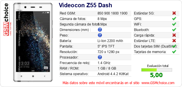 Videocon Z55 Dash Datos técnicos del móvil 
