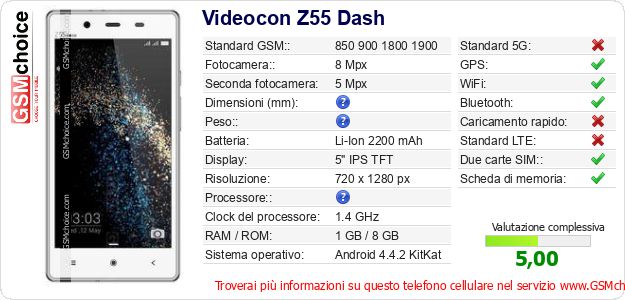 Videocon Z55 Dash Dati tecnici di telefono cellulare Videocon Z55 Dash Dati tecnici di telefono cellulare