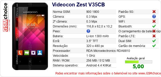 Videocon Zest V35CB Especificações técnicas do telemóvel Videocon Zest V35CB Especificações técnicas do telemóvel