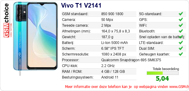 Vivo T1 V2141 Technische gegevens Vivo T1 V2141 Technische gegevens