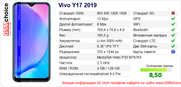 Vivo Y17 2019 Технические данные телефона Vivo Y17 2019 Технические данные телефона
