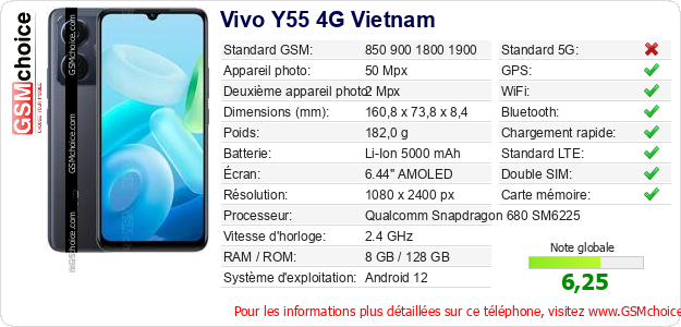Vivo Y55 4G Vietnam Fiche technique