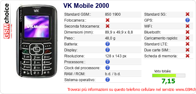 VK Mobile 2000 Dati tecnici di telefono cellulare VK Mobile 2000 Dati tecnici di telefono cellulare