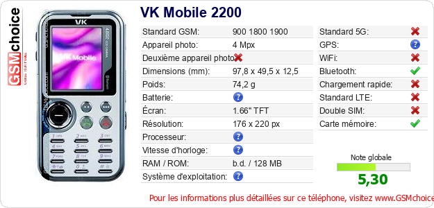 VK Mobile 2200 Fiche technique